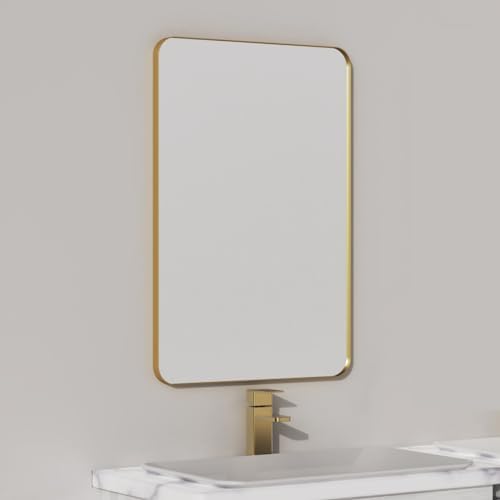 VocalStar Gold Bathroom Mirror for Wall, 24 x 36 Inch Metal Framed Rounded Rectangle Vanity Mirror Modern Farmhouse, 1/4-inch Shatterproof Glass | Ultra-Flush Hanging