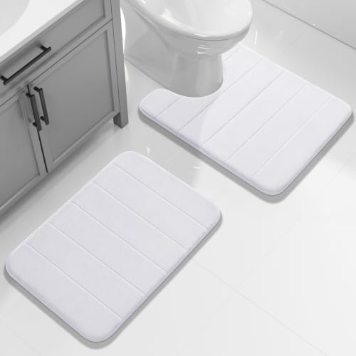 Yimobra Memory Foam Toilet Bath Mat U-Shaped, Soft and Comfortable, Super Water Absorption, Non-Slip, Thick, Machine Wash and Easier to Dry for Bathroom Commode Contour Rug, 24 X 24 Inches, White