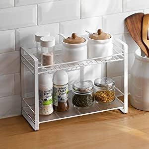 Craftland Wrought Iron 2 Tier Kitchen Organizer Stand Shelf Holder Storage Rack For Spices Jars Utensils Dishes Plates