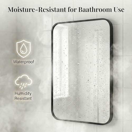 24x36 Inch Matte Black Rounded Rectangle Bathroom Vanity Mirror