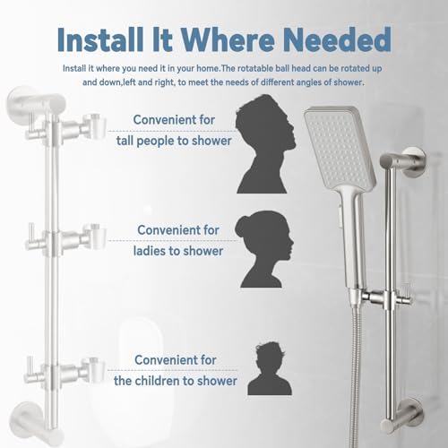 Shower Slide Bar Adjustable Handheld Shower Head Holder Wall Mount - 15inch All-Metal Shower Head Slide Bar Compatible with Bathroom Drill Free Glue Installation - Brushed