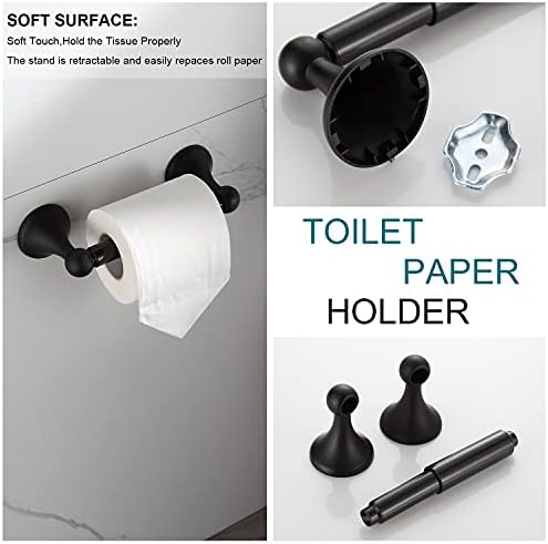 BGL Bathroom Accessory Set, Matte Black Adjustable Expandable Towel Bar 4-Piece Bathroom Hardware Set Wall Mounted Robe Hook Toilet Paper Holder Towel Ring Towel Bar
