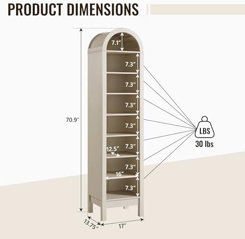 IFBUY 71" Tall Arched Bathroom Storage Cabinet, 8-Tier Modern Farmhouse Storage Cabinet with Adjustable Shelves, Wood Freestanding Cabinet for Bathroom, Living Room, Entryway, Hallway (Cream)