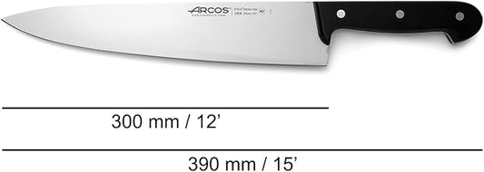 Arcos Chef Knife 12 Inch Stainless Steel. Cooking Knife to Cut and Peel Small Food. Ergonomic Polyoxymethylene Handle and 300mm Blade. Series Universal. Color Black