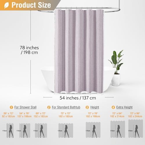 BTTN 54x78 Boho Farmhouse Linen Heavy Duty Shower Curtain Set, Lavender