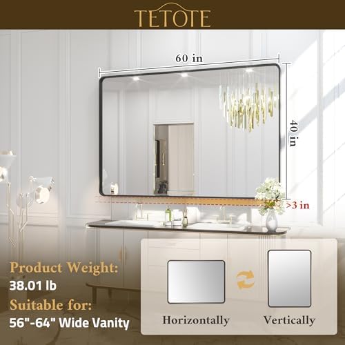 TETOTE 60 x 40 Inch Black Frame Mirror, Bathroom Vanity Mirror for Wall, Modern Rectangle Round Corner Matte Framed Mirror (Horizontal/Vertical)