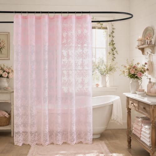 TUDECO Pink Lace Shower Curtain with Attached Valance, 72W x 84L Inch