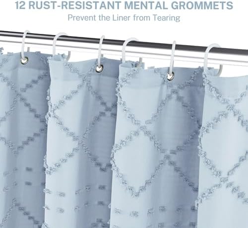 Siiluminisoy Fog Blue Boho Shower Curtain, 72 x 72 Tufted Chevron Textured Striped Modern Farmhouse Minimalist Cloth Shower Curtain for Bathroom