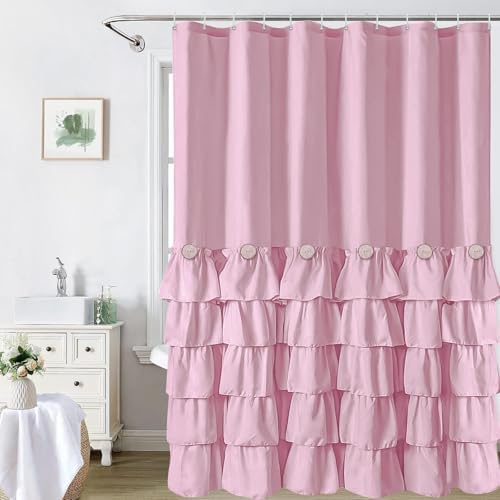 Seasonwood Pink Ruffle Shower Curtain Farmhouse Shower Curtain 72 X 84