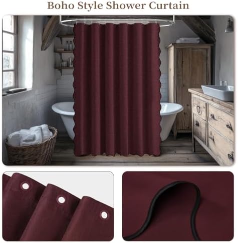 BTTN Extra Long Scalloped Linen Textured Shower Curtain, 72x96, Burgundy
