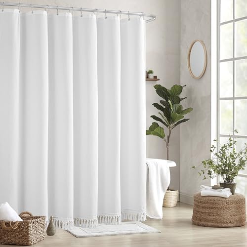 Linen Shower Curtain Boho White Shower Curtain with Tassels 72"W x 72"L