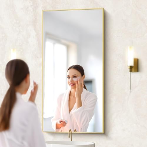COFENY 48x24In Gold Bathroom Mirror for Wall, Brushed Gold Rectangle Mirrors with Metal Frame, Bathroom Rectangular Mirror Modern Wall Mirror for Bedroom Living Room, Hangs Horizontal or Vertical
