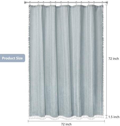 Seenus Boho Chic Shower Curtain Heavyweight with Tassels, 72 x 72 inch Sky Blue Linen Textured Fabric Shower Curtain, Country Farmhouse Striped Bathroom Decor Curtain Water Repellent