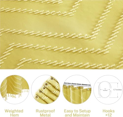 Yellow Boho Shower Curtain with White Tassel - 72 x 72 Modern Farmhouse Textured Tufted Chevron Striped Minimalist Bathroom Shower Curtain