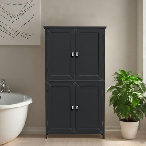 Bathroom Cabinet with Adjustable Shelf Freestanding Storage Cabinet with 2 Doors Wooden Organizer Floor for Bathroom Kitchen and Living Room (Black, 4 Doors)