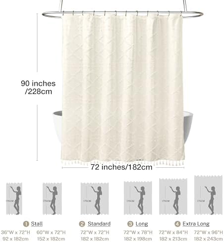 Siiluminisoy Extra Long Cream Boho Shower Curtain Woven Fabric Cute 90 Inch Shower Curtain, 72 x 90 Tufted Chevron Textured Striped Modern Farmhouse Minimalist Cloth Shower Curtain for Bathroom