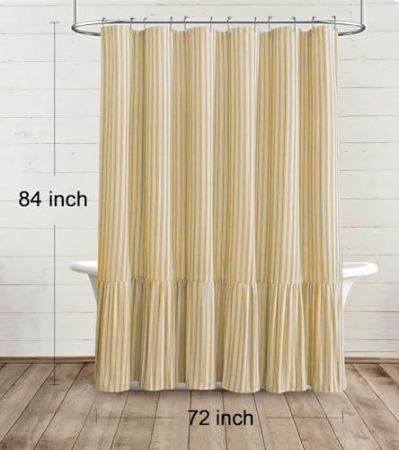 Farmhouse Shower Curtain Ruffle Linen Cream-Yellow Stripe 72"W x 84"L