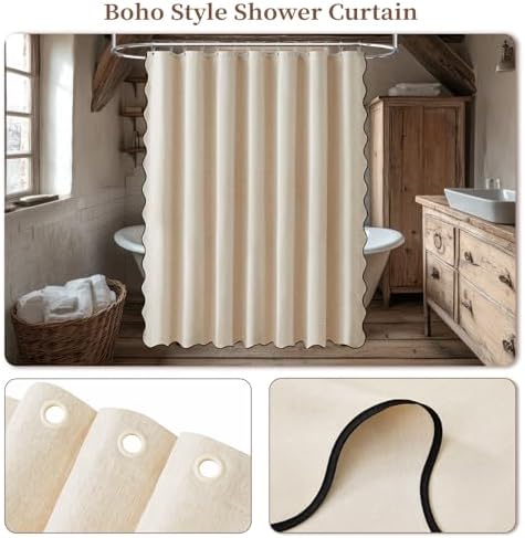 BTTN 84x72 Boho Scalloped Linen Textured Cloth Shower Curtain, Beige/Cream