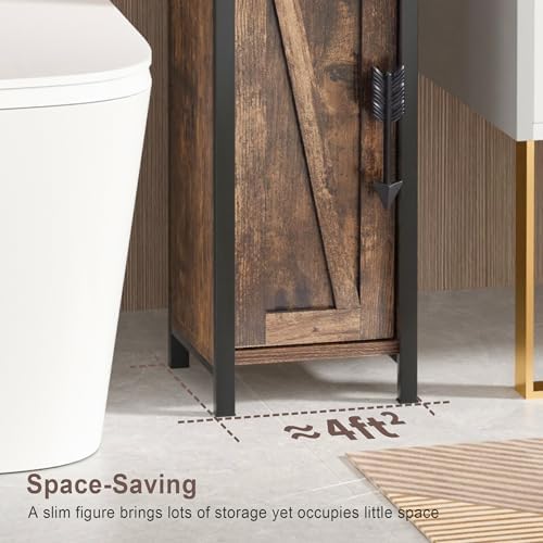 VECELO Small Bathroom Cabinet, Slim Toilet Paper Holder with Door&2 Shelves Metal Racks, Narrow Storage Organizers, Free Standing Farmhouse Style for Bathroom Restroom Tiny Space,Dark Brown