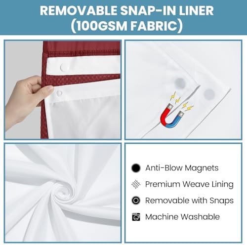 No Hook Waffle Shower Curtain with Snap in Liner Set, 71x74, Burgundy