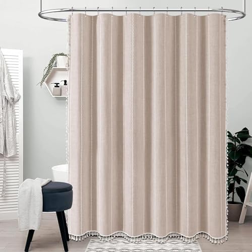 BTTN 72 x 90 Boho Linen Heavy Duty Cloth Shower Curtain Set, Tan/Taupe