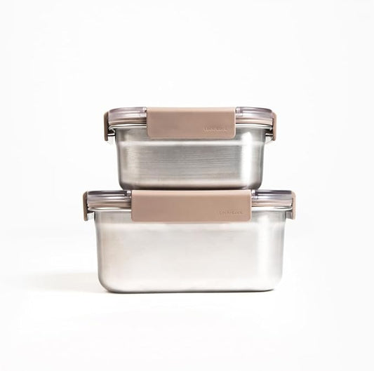 LocknLock Stainless Steel Food Storage Container Set with Lids, 2 Pack Metal Lunch Boxes, Airtight and Leak Proof, Microwave, Freezer and Dishwasher Safe, 700ml and 1300ml