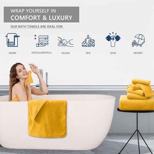 8 Piece Bathroom Towel Set |2 Oversized Bath Towels,2 Hand Towels,4 Washcloths| 600GSM Soft Large Bath Sheet Luxury Premium Microfibers Towel Highly Absorbent Quick Dry Hotel Towel Collection,Yellow