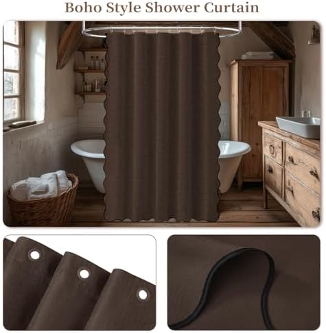 BTTN 60x72 Boho Scalloped Linen Textured Cloth Shower Curtain Set, Brown