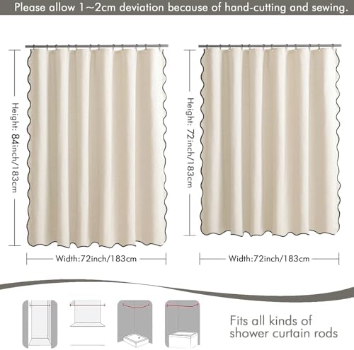 MIULEE 72"x90" Extra Long Scalloped Linen Shower Curtain Ivory