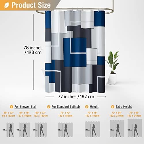 BTTN 72x78 Modern Geometric Waterproof Fabric Shower Curtain Set, Navy Blue