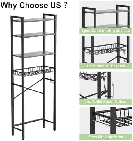 Kalrin Over-The-Toilet Storage Rack, 4-Tier Bathroom Organizer Shelf Over Toilet with Adjustable Shelf and Basket, Freestanding Space Saver Bathroom Shelves Above Toilet for Room (Pure Gray)