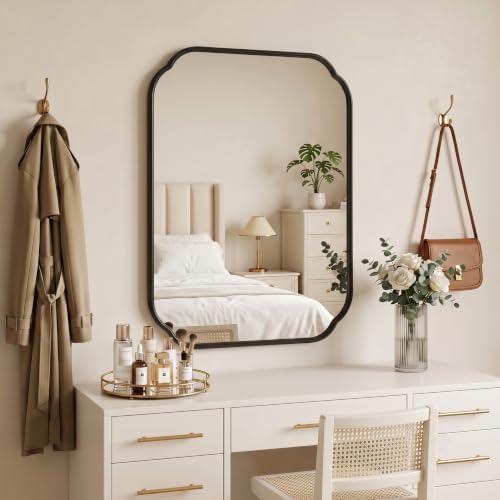 24"x18" Black Scalloped Mirror for Bathroom, Rust-Proof Metal Frame