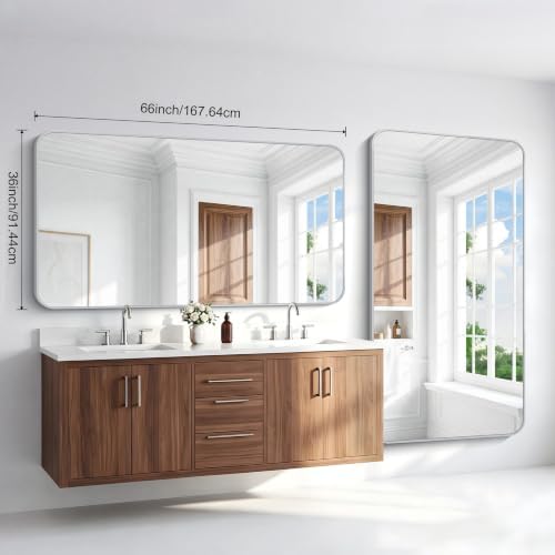 BONEWEI Silver Bathroom Mirror,66x36 inch Wall Mirror for Bathroom Wall Mounted,Rectangle Mirror for Bathroom Over Sink,Modern Frame Round Corner for Living Room,Bedroom Entryway,Horizontal/Vertical