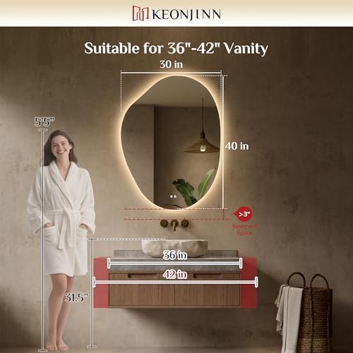 Keonjinn Asymmetrical LED Bathroom Mirror 30 x 40 Inch, HD Tempered Glass