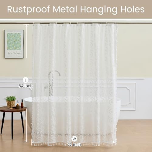 WAZZIO White Lace Shower Curtain - Vintage Pretty Flower Sheer Shower Curtains, Elegant Decorative Tassel Bath Curtains for Bathroom, 72 x 84 Inch, 1 Piece