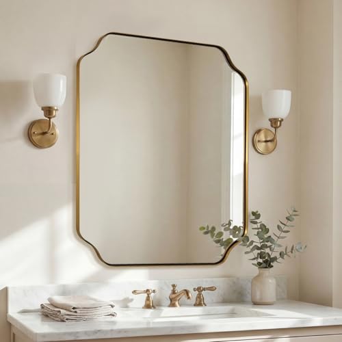 ANDY STAR 30"x36" Gold Bathroom Mirror, Brushed Brass Rectangle Mirror for Bathroom, Scalloped Vanity Mirror in Anti-Rust Stainless Steel Metal Thin Frame, Wall Mount Vertical or Horizontal