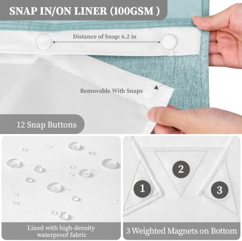 BTTN Teal Ringless Linen Textured Shower Curtain with Snap in Liner, 72x75