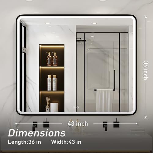 LED 43x36 Inch Lighted Bathroom Mirror,Black Frame,3 Color