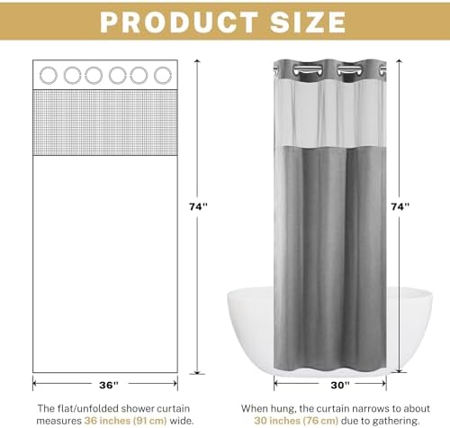 WONICY Stall No Hook Shower Curtain with Snap-in Liner, Grey, 54 x 80
