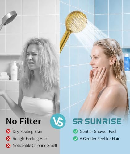 SR SUN RISE Filtered Shower Head with Handheld High Pressure 9 Spray Mode Showerhead Detachable Shower Head Water Softener Filters Beads for Hard Water Remove Chlorine 4 Filters Brushed Gold