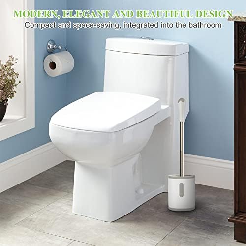 AONEZ Compact Toilet Brush & Holder, Stainless Steel Handle, Space Saving for Storage, Deep Cleaning, Drip-Proof, Easy to Assemble, Nylon Bristles, White & Grey