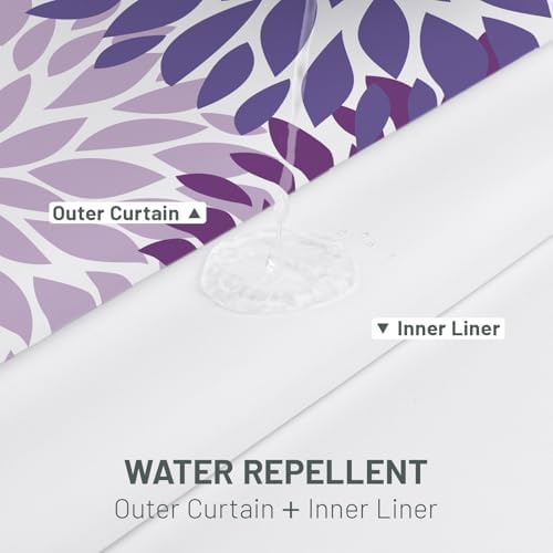 WITHLOC No Hook Floral Shower Curtain with Liner, Purple, 71x74
