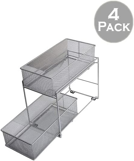 YBM HOME Pack of 4 Silver 2 Tier Mesh Sliding Spice and Sauces Basket Cabinet Organizer Drawer 2304-4