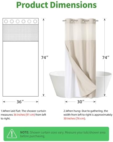 eachope No Hook Linen Texture Shower Curtain with Snap-in Liner,36x74 Cream