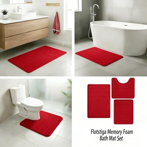 Memory Foam Bath Mat Set 3 Piece,Super Soft Absorbent Bathroom Rug Non Slip, Quick Dry,Machine Wash, Perfect Plush Bathroom Rugs,Home Decor Accessories,Red