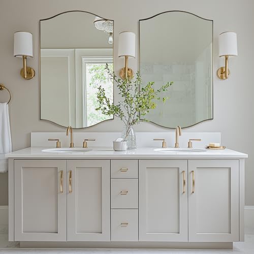 ANDY STAR 30"x48" Scalloped Mirror,Brushed Gold Rectangle Bathroom Mirror with Curved Edge Stainless Steel Metal Frame, Large Wall-Mounted Mirror for Bathroom, Entryway (Horizontal/Vertical)