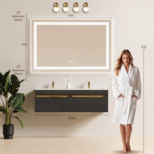 55"x36" LED Bathroom Mirror with Anti-Fog, Backlit & Front Lights, Memory