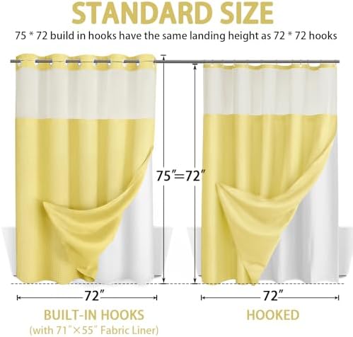 No Hook Shower Curtain with Liner Set Hotel Waffle Curtain Yellow 72W X 75L