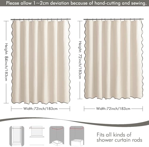MIULEE 72"x84" Extra Long Scalloped Linen Shower Curtain Cream White