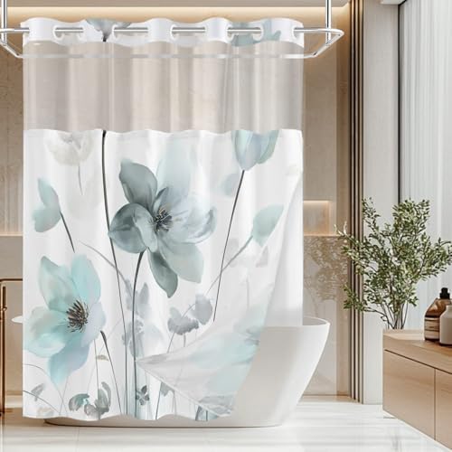 No Hook Shower Curtain and Liner Set, Teal Blue Boho Floral 71x84